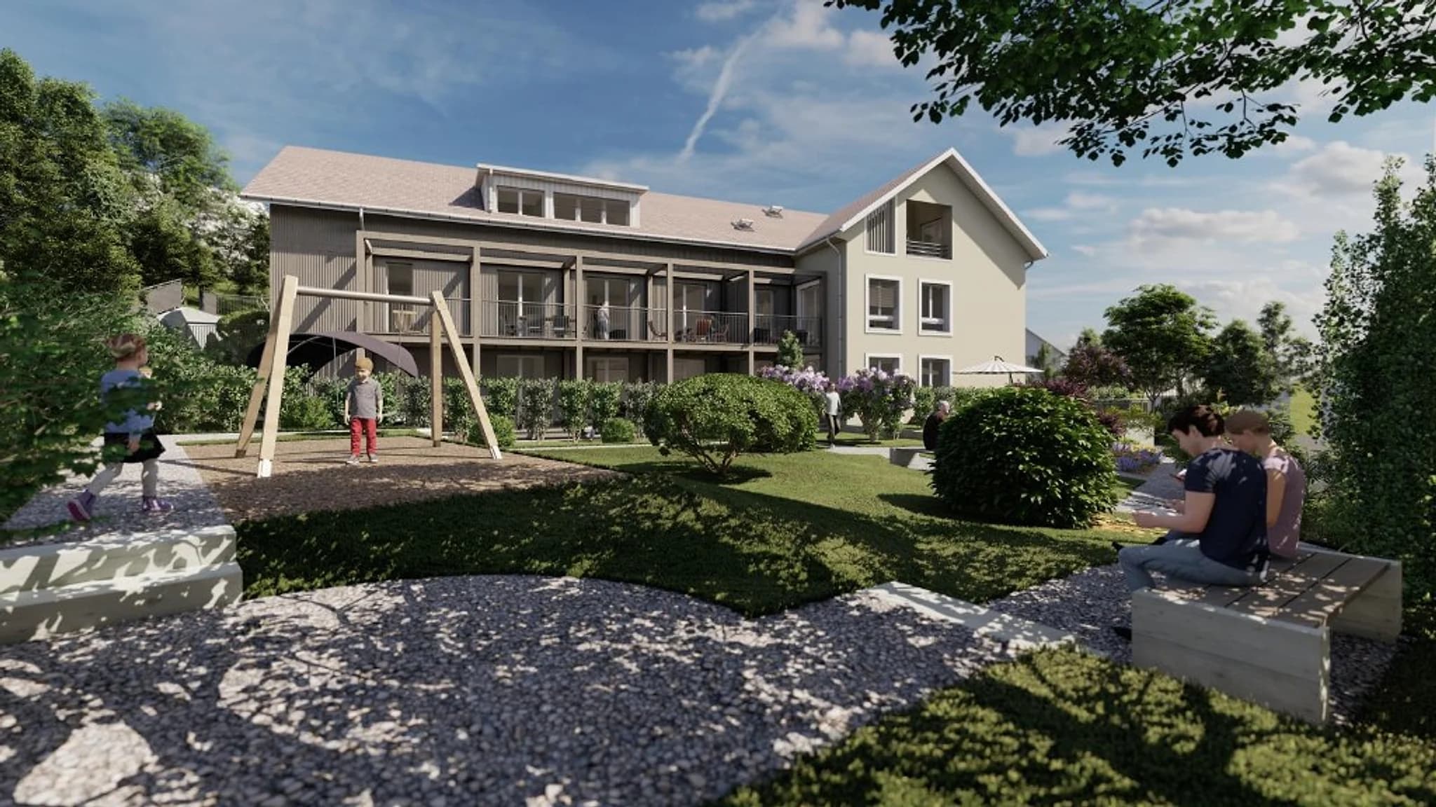 Visualisierung der Gartenseite: Rasen, Spielplatz mit Schaukel und Sitzbank vor dem Haus mit Terrassen, Holzfassade und Lukarnen
