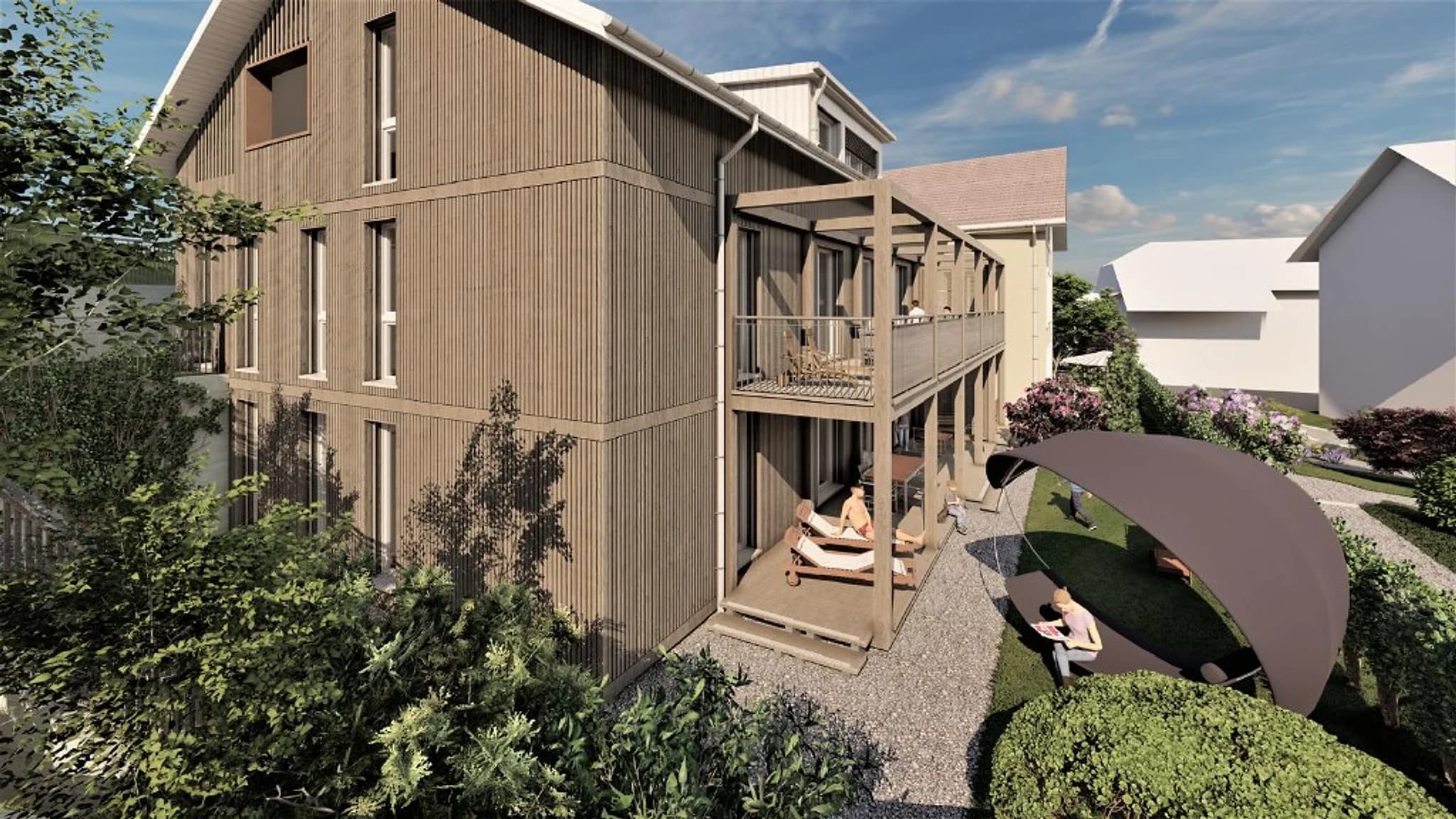 Visualisierung des Gartenflügels mit vertikaler Holzschalung, gedecktem Sitzplatz im Erdgeschoss und Terrasse unter einer Holzpergola