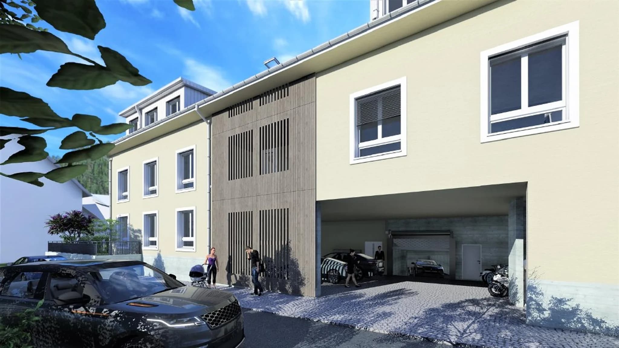 Visualisierung der Strassenseite: Treppenhaus hinter Holzlamellen und gedeckte Zufahrt zur Einstellhalle